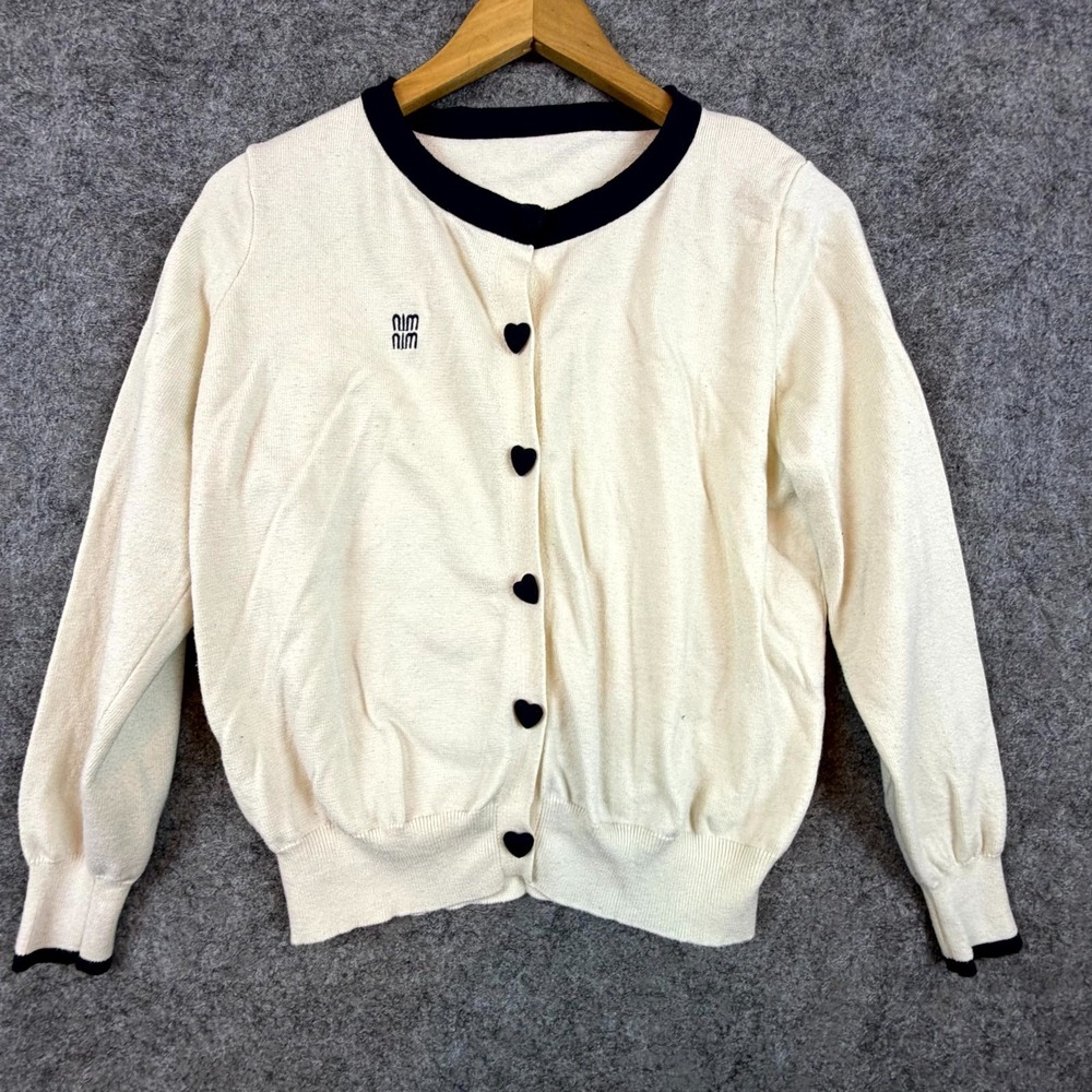 Cute Cardigan Sweater Womens Beige Logo Cute Heart Button Front Girly